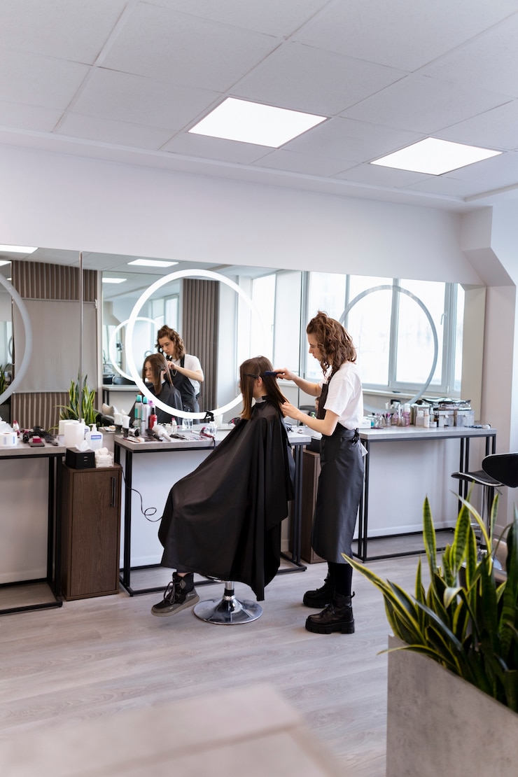 Gratis Foto kapper die voor haar cliënt zorgt