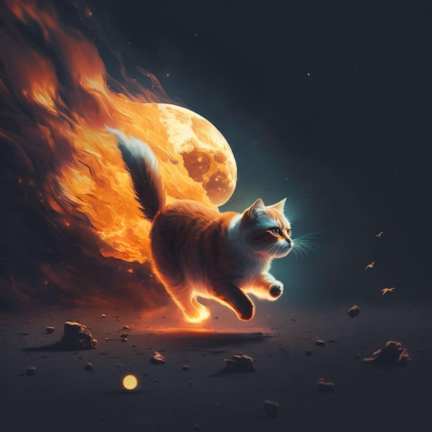 Kat in de ruimte met de illustratie van het brandontwerp