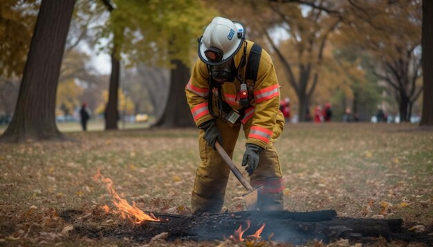 Kaukasische brandweerman beschermt bos tegen herfstinferno gegenereerd door AI