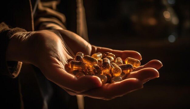 Kaukasische hand met recept pil fles binnenshuis gegenereerd door AI