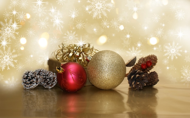 Gratis foto kerst achtergrond met versieringen en gouden gift