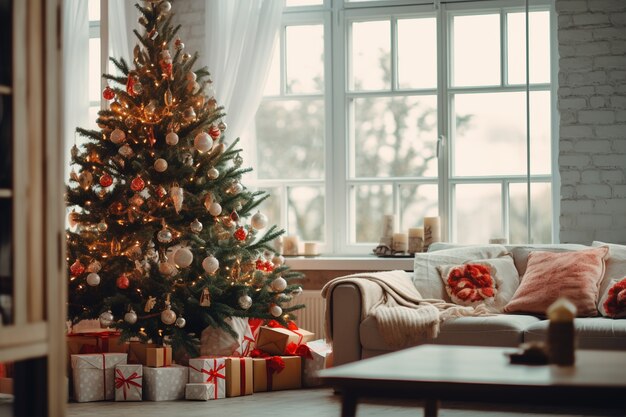 Kerstboom en bank in de woonkamer