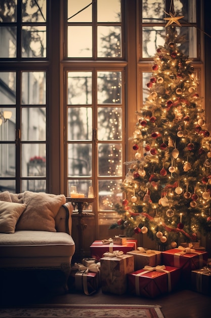 Kerstboom en bank in de woonkamer