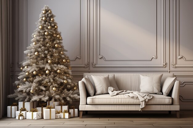 Kerstboom en bank in de woonkamer