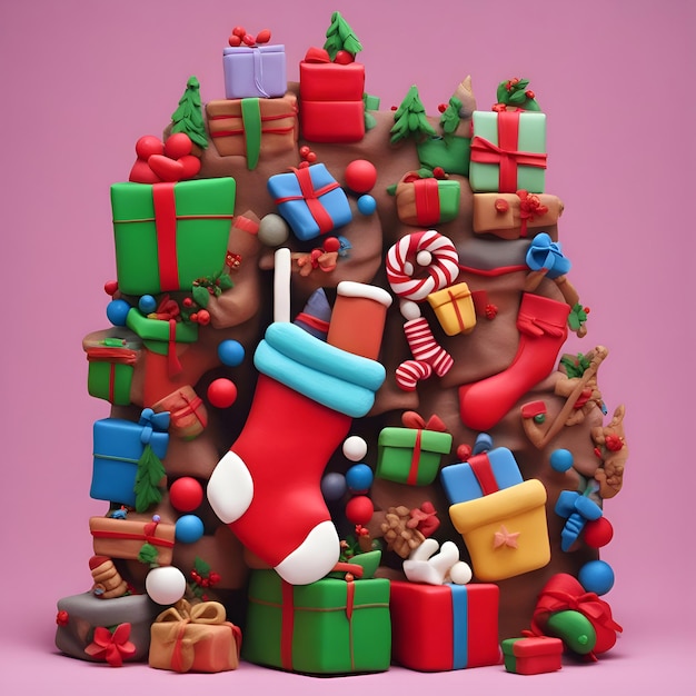 Gratis foto kerstboom gemaakt van chocolade met geschenken 3d render op roze achtergrond