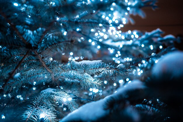 Kerstboom met kegels op een stadsstraat die met een slinger wordt verlicht.