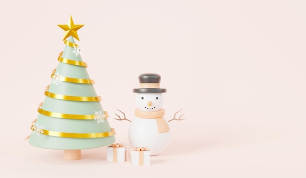 Kerstboom met lintversieringen en sneeuwmandennen voor banner 3d-renderingillustratie