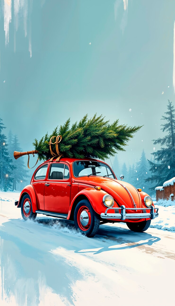 Gratis Foto kerstboom op de top van de auto illustratie