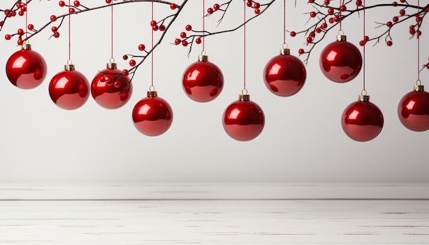 Kerstboom versierd met glanzende ornamenten en sneeuwvlokken op hout gegenereerd door kunstmatige intelligentie