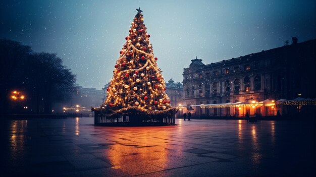 Kerstboom versierd met ornamenten in een openbare ruimte