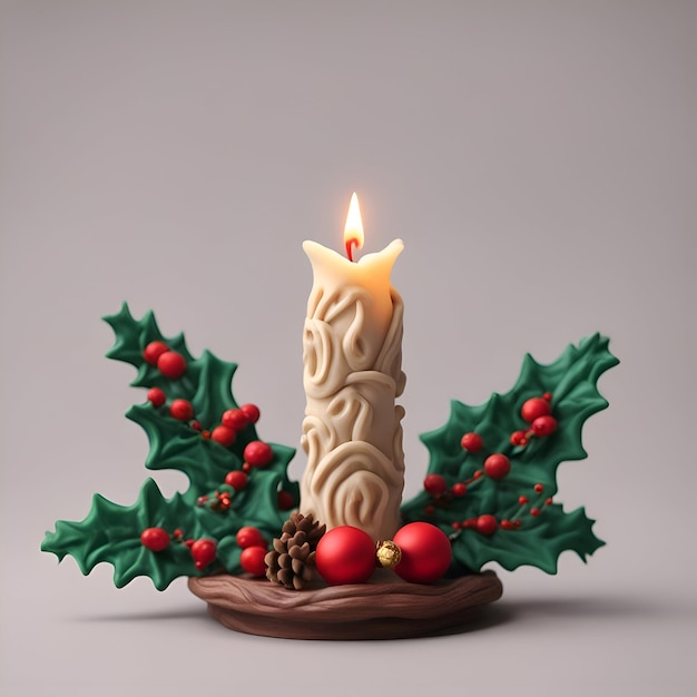 Kerstkaars met hulstbes en dennenappels 3d render