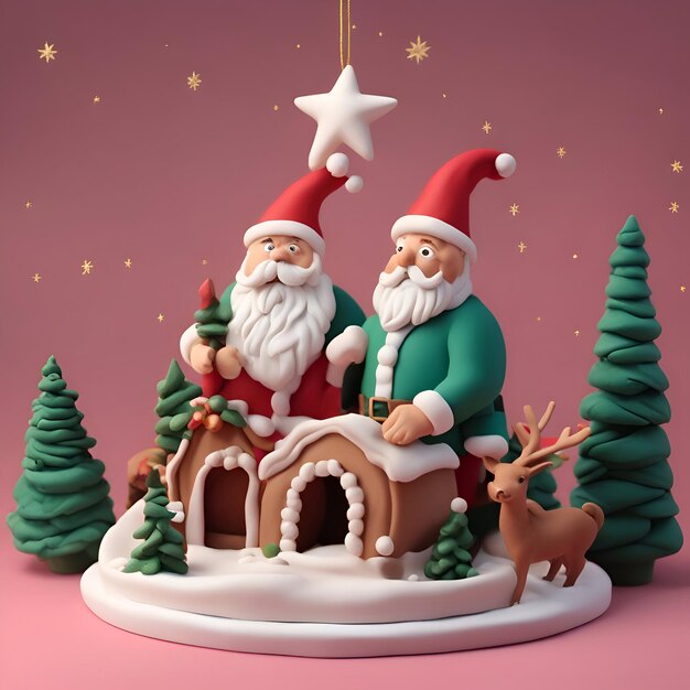 Gratis foto kerstman met rendieren en kerstboom 3d illustratie