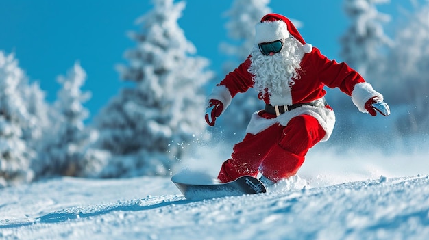 Kerstman op een snowboard op een berghelling