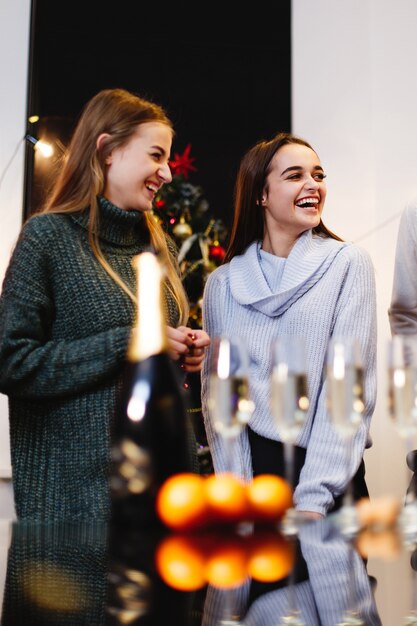 Kerstmis en Nieuwjaar voorbereidingen. Het bedrijf van aantrekkelijke gelukkige jonge mensen viert