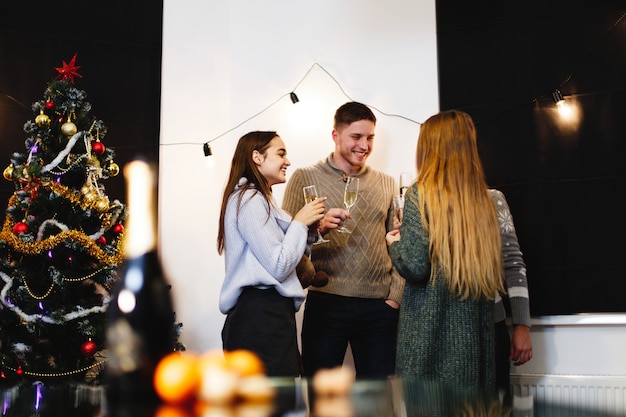 Kerstmis en Nieuwjaar voorbereidingen. Het bedrijf van aantrekkelijke gelukkige jonge mensen viert