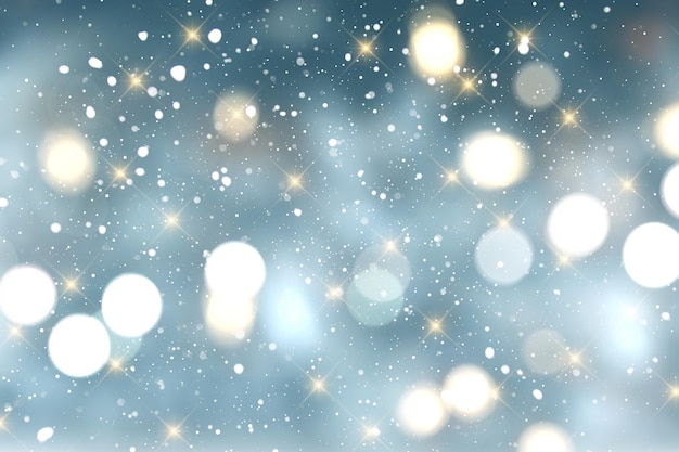 Kerstmisachtergrond met gouden sterren bokeh lichten en sneeuw