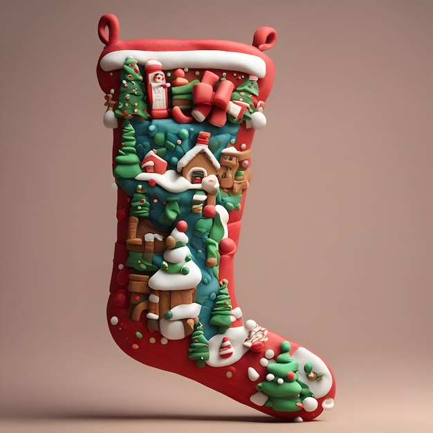 Gratis foto kerstsok met geschenken en santa claus 3d render illustratie