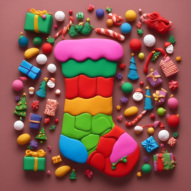 Gratis foto kerstsok met geschenken en snoepjes op kleur achtergrond bovenaanzicht