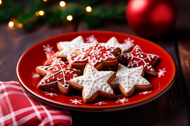Gratis foto kerstster koekjes op houten tafel en wazig licht achtergrond