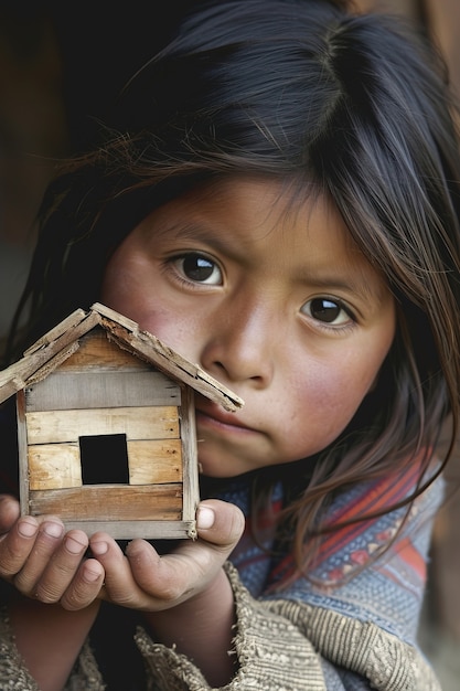 Kind met houten miniatuur speelgoedhuis