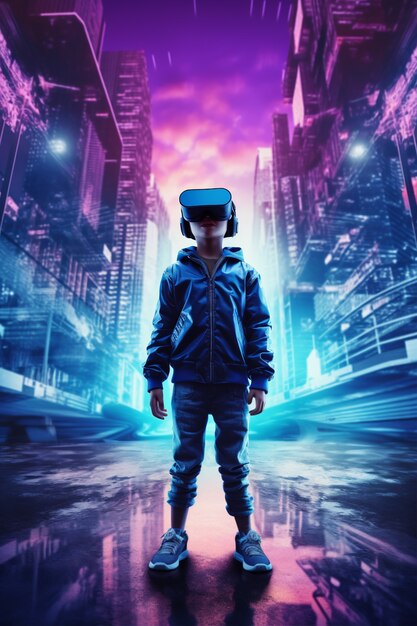 Kind met vr-bril in futuristische stad