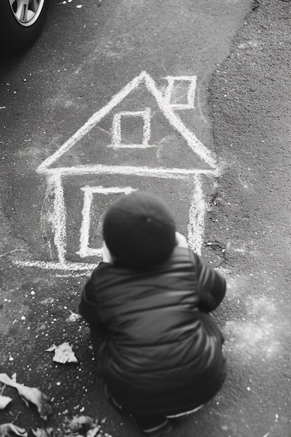 Kind tekent huis met krijt op de vloer buiten