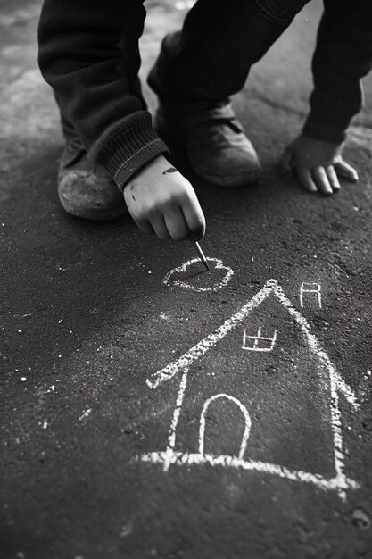 Kind tekent huis met krijt op de vloer buiten