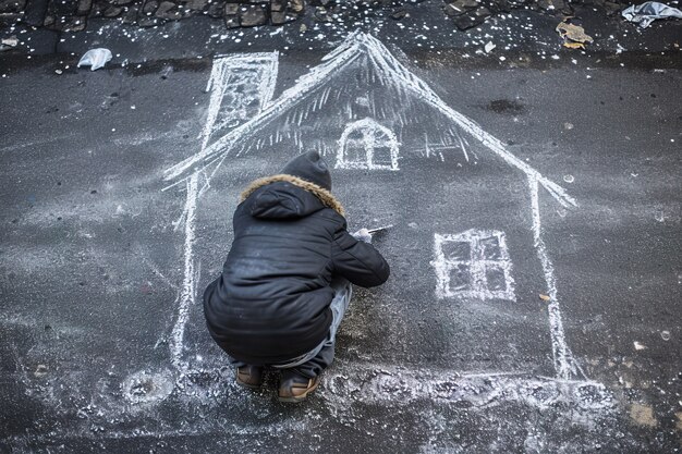 Kind tekent huis met krijt op de weg