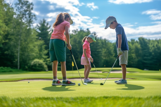 Kinderen die golf spelen in een fotorealistische omgeving