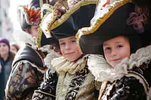 Gratis foto kinderen genieten van het carnaval van venetië in traditionele kostuums