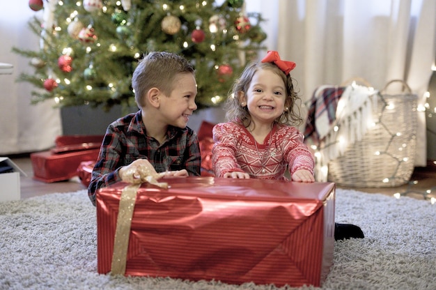 Kinderen houden van een groot kerstcadeau in een huis met de kerstboom