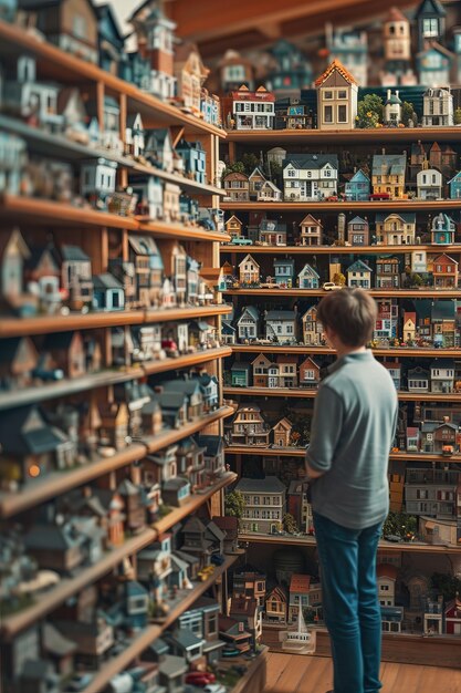 Kinderen kijken naar miniatuurhuizen in planken.