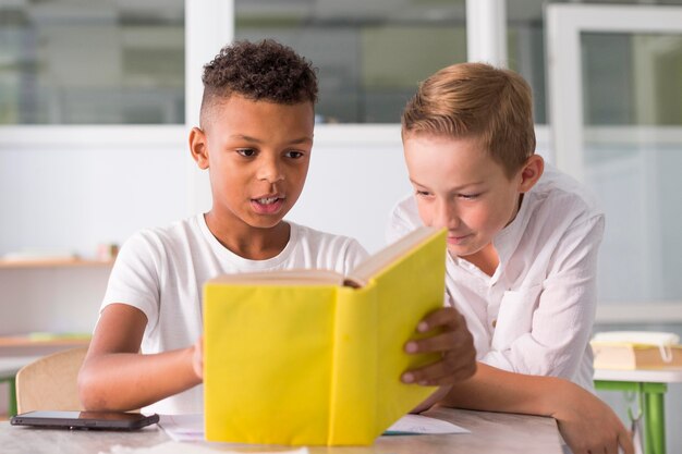 Kinderen lezen samen uit een boek