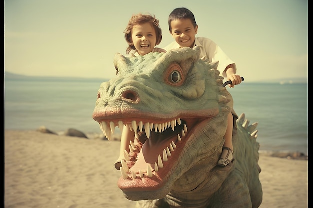 Kinderen rijden op een dinosaurus behang.