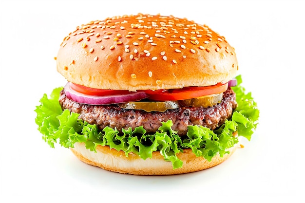klassieke hamburger met rundvleeskotelet, groenten en uien geïsoleerd op een witte achtergrond