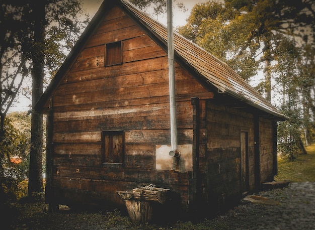 Klein houten huis in het bos overdag