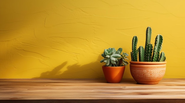 Kleine cactus op een rustieke tafel tegen gele muren