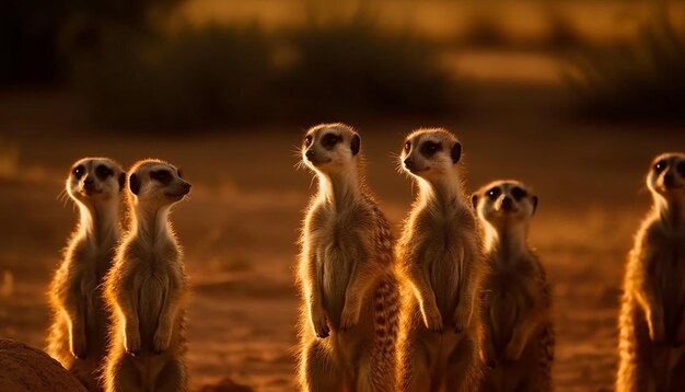 Gratis foto kleine groep stokstaartjes die alert staan in de natuur gegenereerd door ai