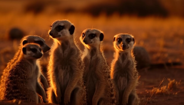 Gratis foto kleine groep stokstaartjes kijken naar natuurschoon gegenereerd door ai