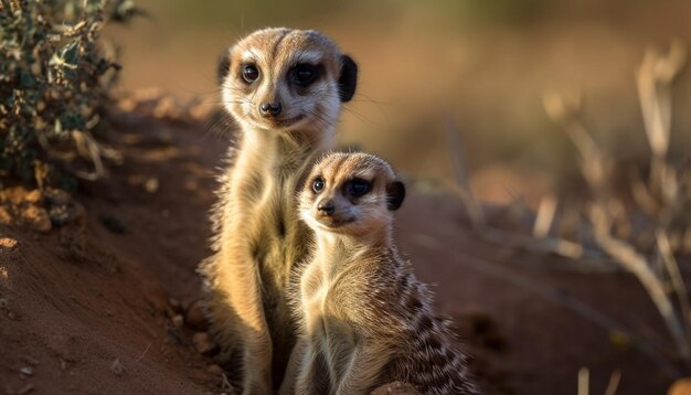 Kleine meerkat die waakzaam kijkt en naar de door AI gegenereerde camera staart