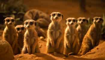 Gratis foto kleine meerkat-groep die alert naar buiten zit te kijken, gegenereerd door ai