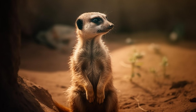 Gratis foto kleine meerkat zit alert en kijkt naar dieren in het wild in afrika, gegenereerd door ai