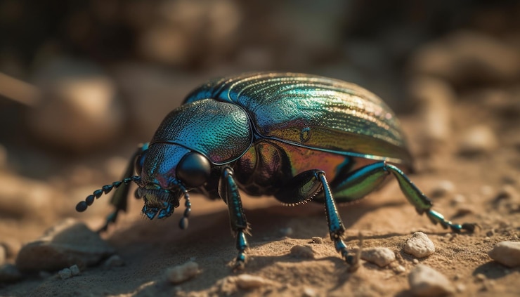 Gratis Foto kleine mestkever die op groen blad kruipt, gegenereerd door ai