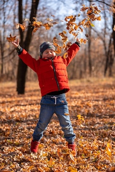 Kleine vier jaar oude jongen spelen in het herfstpark. kind springt en gooit bladeren. gelukkig kind buiten lopen.