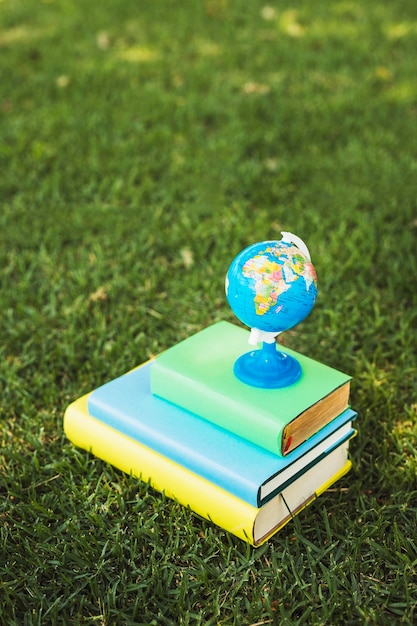 Kleine wereldbol samengesteld op stapel boeken