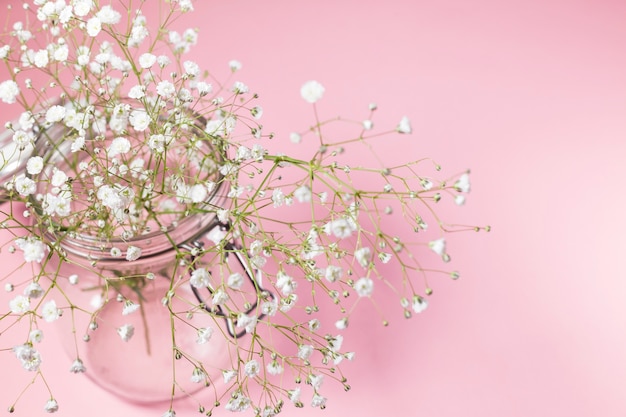 Kleine witte bloemen in glazen pot