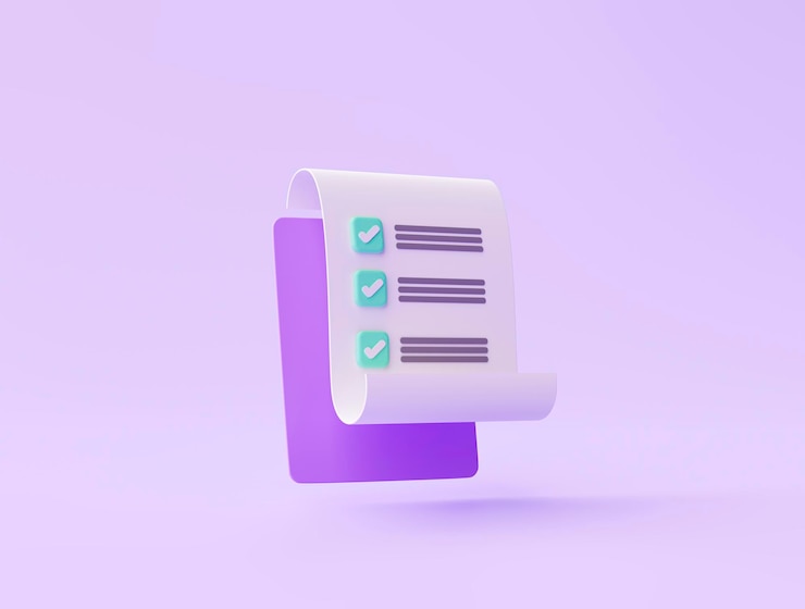 Gratis Foto klembord met checklist papier notitiepictogram of symbool op paarse achtergrond 3d-rendering