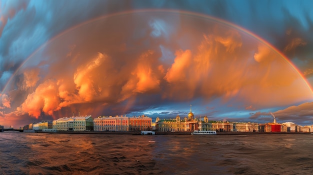 Gratis foto kleurige regenboog die op de lucht verschijnt boven het natuurgebied