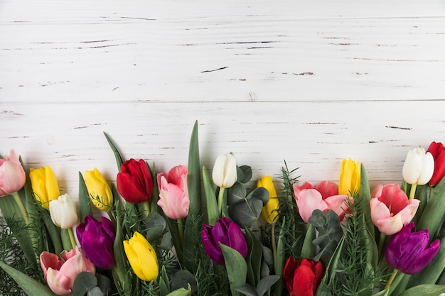 Gratis foto kleurrijk en bladeren gerangschikt onderaan op het houten oppervlak