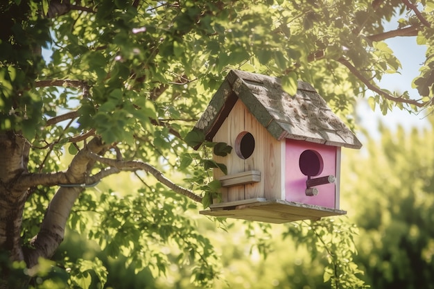 Kleurrijk vogelhuisje buitenshuis